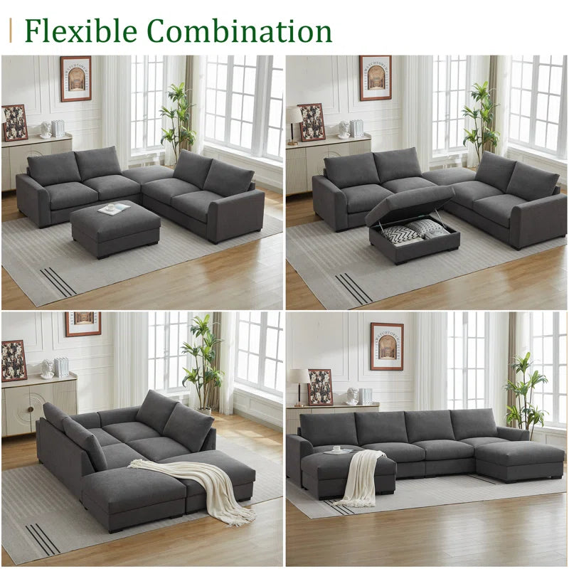 6 Seater Sofa: 6-piece Modular Arm Upholstered Sofa With Storage Ottoman(Gray Linen)