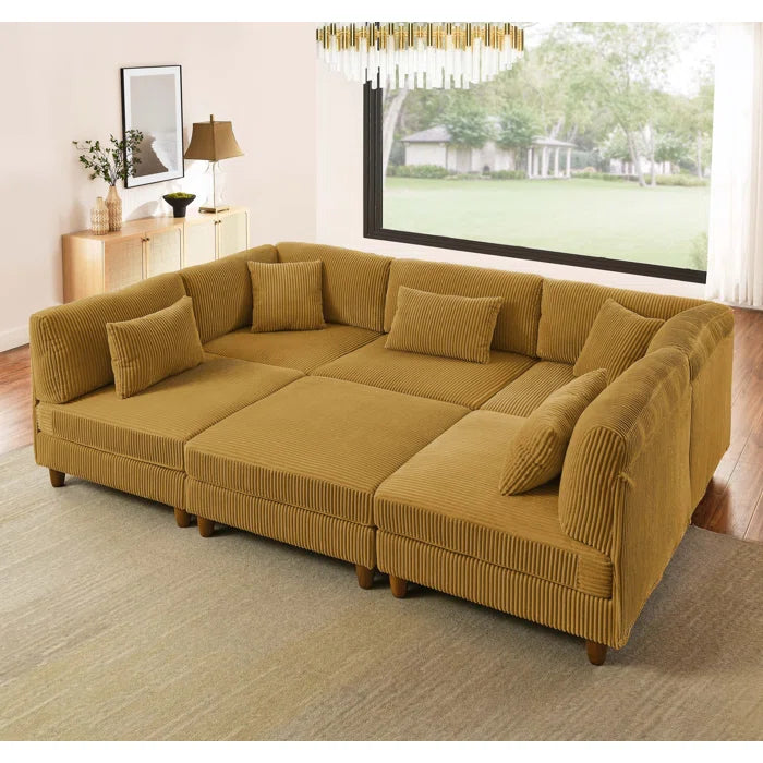 6 Seater Sofa: 6 - Piece Cozy Modular Corner Design Corduroy Sectional with Square Ottoman(Ginger Corduroy)