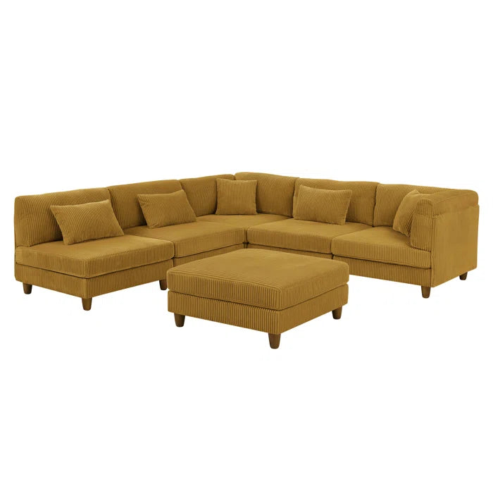 6 Seater Sofa: 6 - Piece Cozy Modular Corner Design Corduroy Sectional with Square Ottoman(Ginger Corduroy)