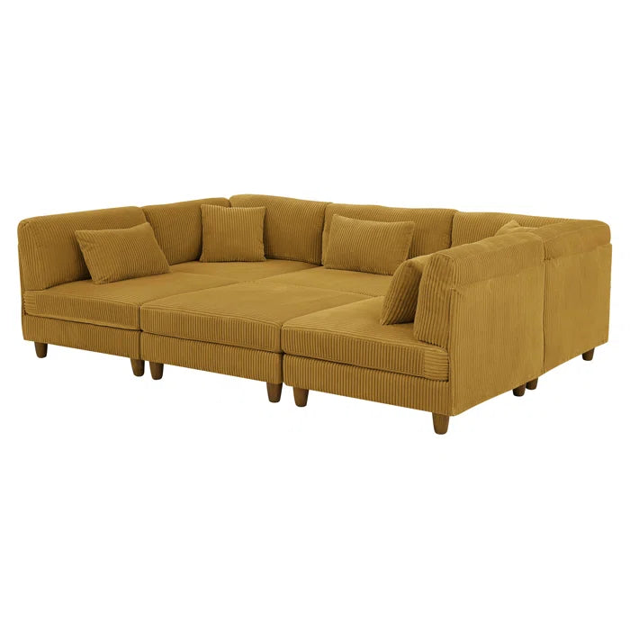 6 Seater Sofa: 6 - Piece Cozy Modular Corner Design Corduroy Sectional with Square Ottoman(Ginger Corduroy)