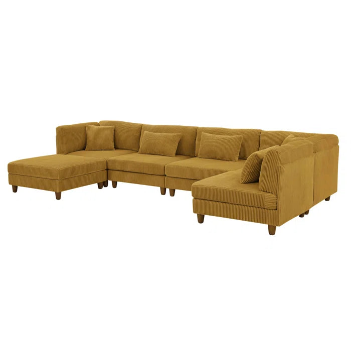 6 Seater Sofa: 6 - Piece Cozy Modular Corner Design Corduroy Sectional with Square Ottoman(Ginger Corduroy)