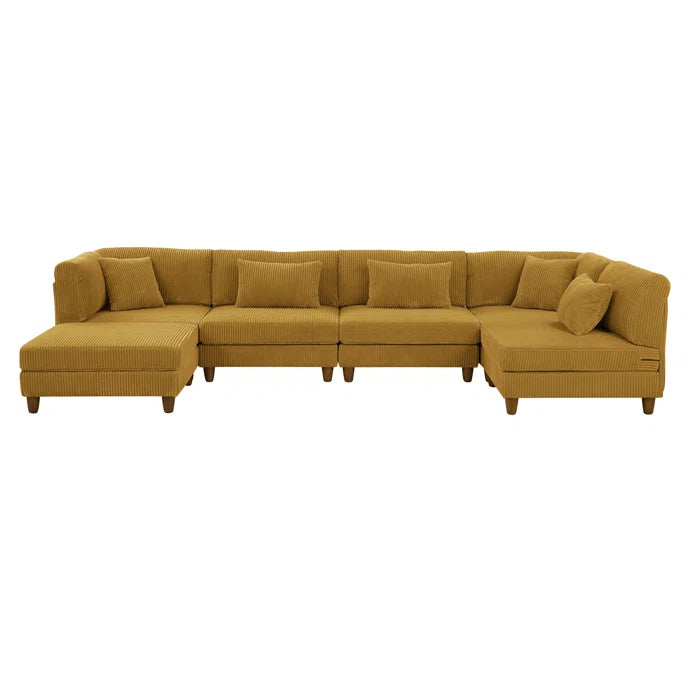 6 Seater Sofa: 6 - Piece Cozy Modular Corner Design Corduroy Sectional with Square Ottoman(Ginger Corduroy)