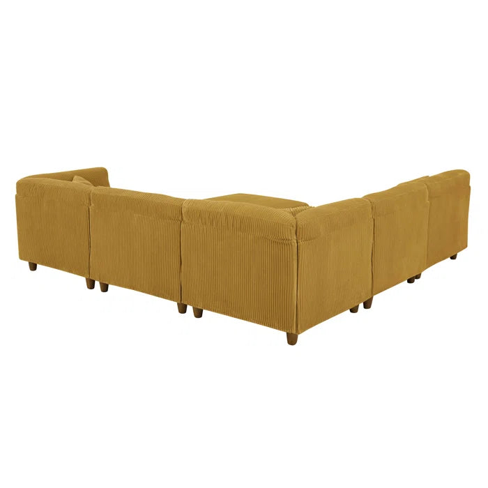6 Seater Sofa: 6 - Piece Cozy Modular Corner Design Corduroy Sectional with Square Ottoman(Ginger Corduroy)