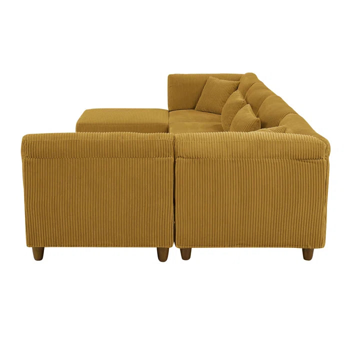 6 Seater Sofa: 6 - Piece Cozy Modular Corner Design Corduroy Sectional with Square Ottoman(Ginger Corduroy)