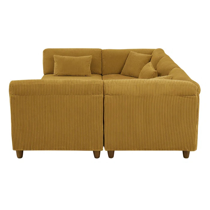 6 Seater Sofa: 6 - Piece Cozy Modular Corner Design Corduroy Sectional with Square Ottoman(Ginger Corduroy)