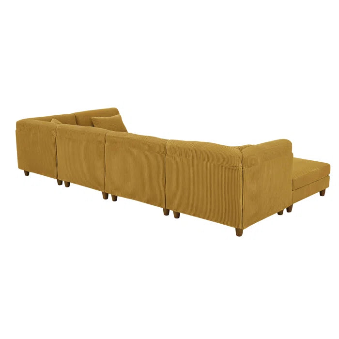 6 Seater Sofa: 6 - Piece Cozy Modular Corner Design Corduroy Sectional with Square Ottoman(Ginger Corduroy)