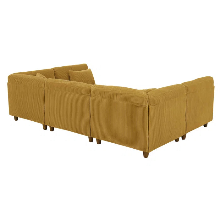 6 Seater Sofa: 6 - Piece Cozy Modular Corner Design Corduroy Sectional with Square Ottoman(Ginger Corduroy)