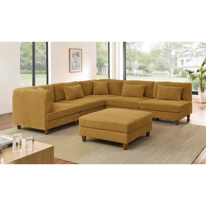6 Seater Sofa: 6 - Piece Cozy Modular Corner Design Corduroy Sectional with Square Ottoman(Ginger Corduroy)