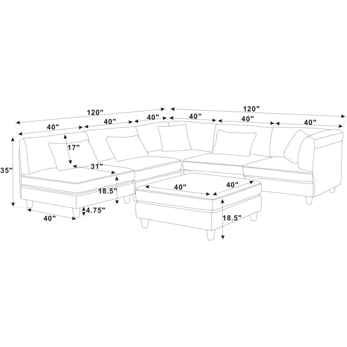 6 Seater Sofa: 6 - Piece Cozy Modular Corner Design Corduroy Sectional with Square Ottoman(Ginger Corduroy)
