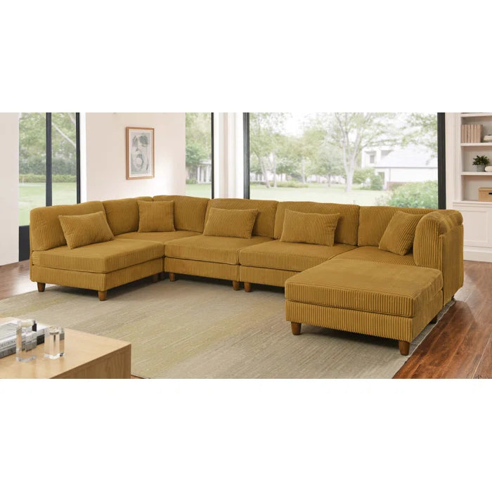 6 Seater Sofa: 6 - Piece Cozy Modular Corner Design Corduroy Sectional with Square Ottoman(Ginger Corduroy)