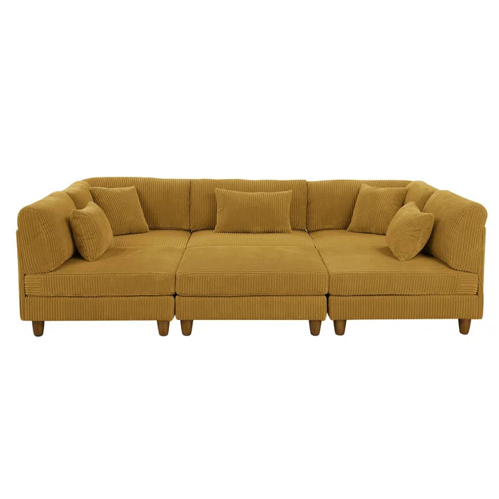 6 Seater Sofa: 6 - Piece Cozy Modular Corner Design Corduroy Sectional with Square Ottoman(Ginger Corduroy)