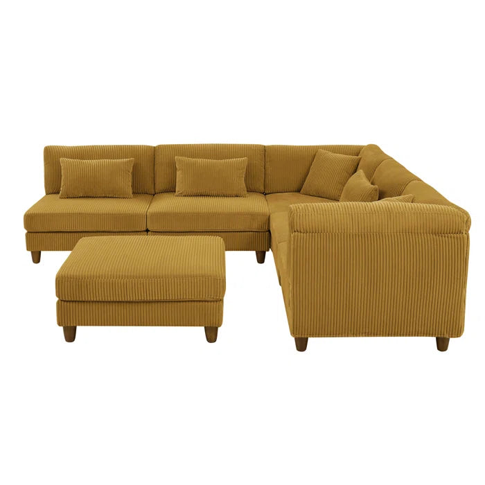 6 Seater Sofa: 6 - Piece Cozy Modular Corner Design Corduroy Sectional with Square Ottoman(Ginger Corduroy)