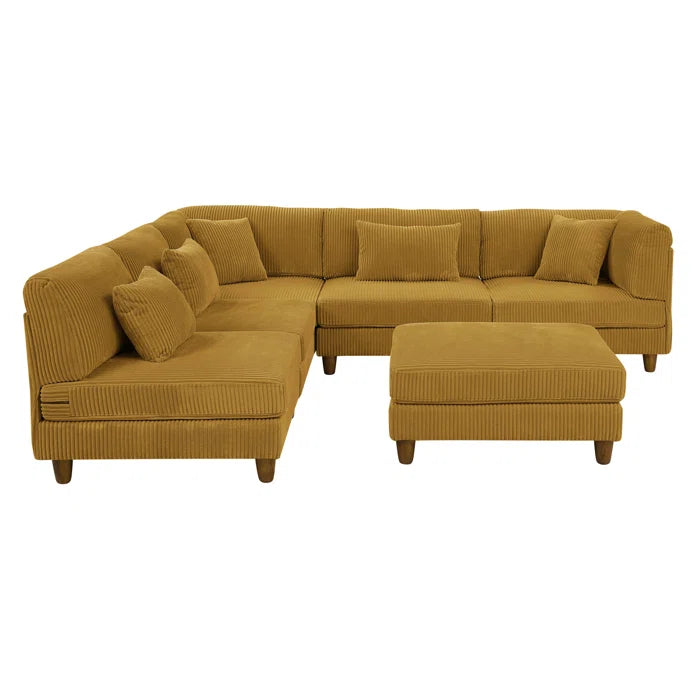 6 Seater Sofa: 6 - Piece Cozy Modular Corner Design Corduroy Sectional with Square Ottoman(Ginger Corduroy)