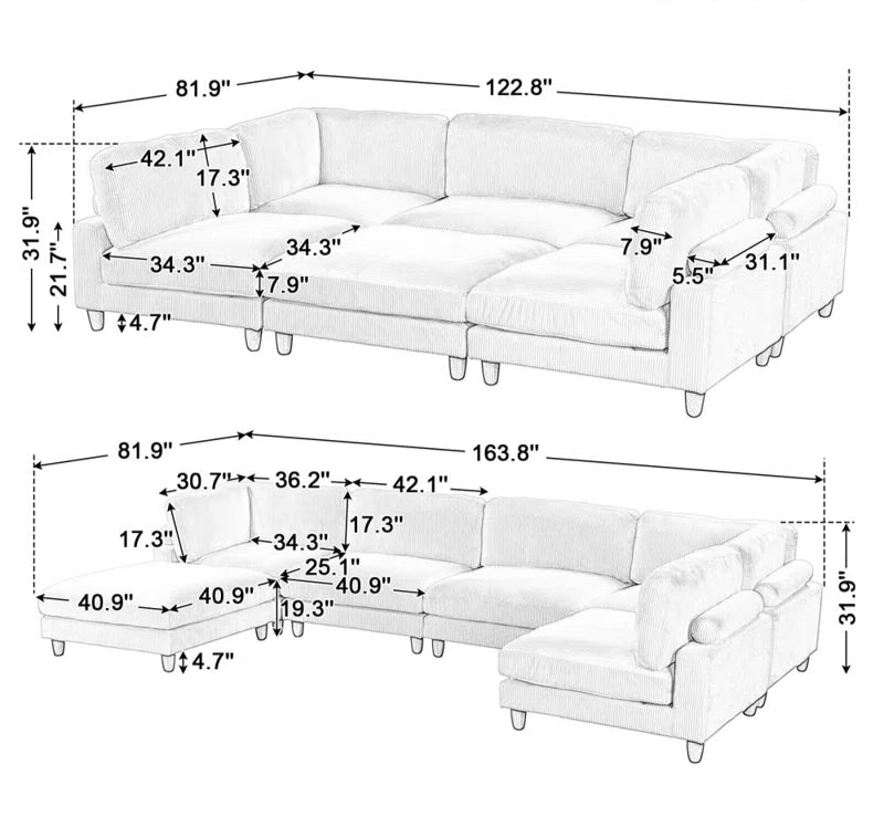 U-Shape Sofa: Modular Corner Sectional Sofa with Ottoman(Gray Polyester)