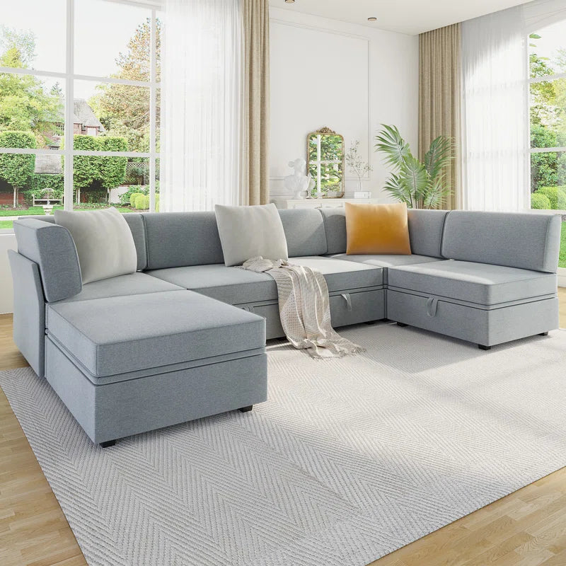 6 Seater Sofa: Modular L-shaped 6-seater Sofa With Storage Base(Light Gray)
