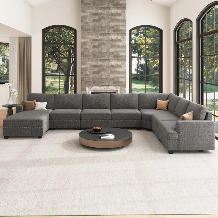 8 Seater Sofa: Modular Sectional U Shaped Corner Sofa With Storage Ottoman(Light Gray Polyester)
