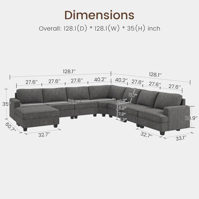 8 Seater Sofa: Modular Sectional U Shaped Corner Sofa With Storage Ottoman(Light Gray Polyester)