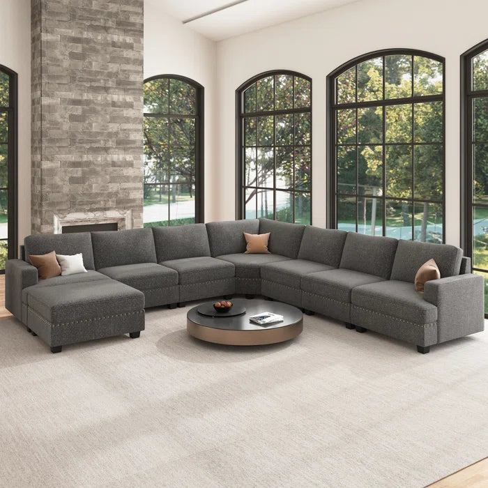 8 Seater Sofa: Modular Sectional U Shaped Corner Sofa With Storage Ottoman(Light Gray Polyester)