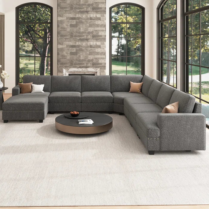 8 Seater Sofa: Modular Sectional U Shaped Corner Sofa With Storage Ottoman(Light Gray Polyester)