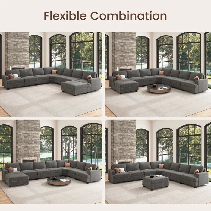 8 Seater Sofa: Modular Sectional U Shaped Corner Sofa With Storage Ottoman(Light Gray Polyester)