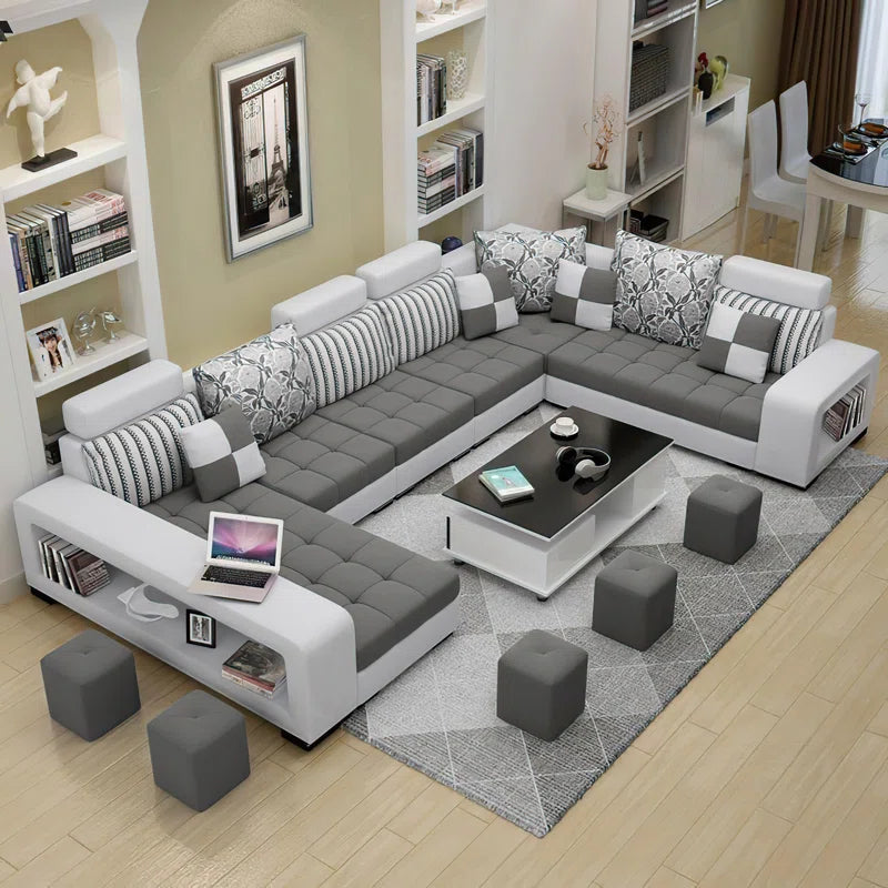 9 Seater Sofa: Modular U-Shaped Slipcovered Sectional Sofa with Square Shaped Ottoman(Gray Black Microfiber / Microsuede)