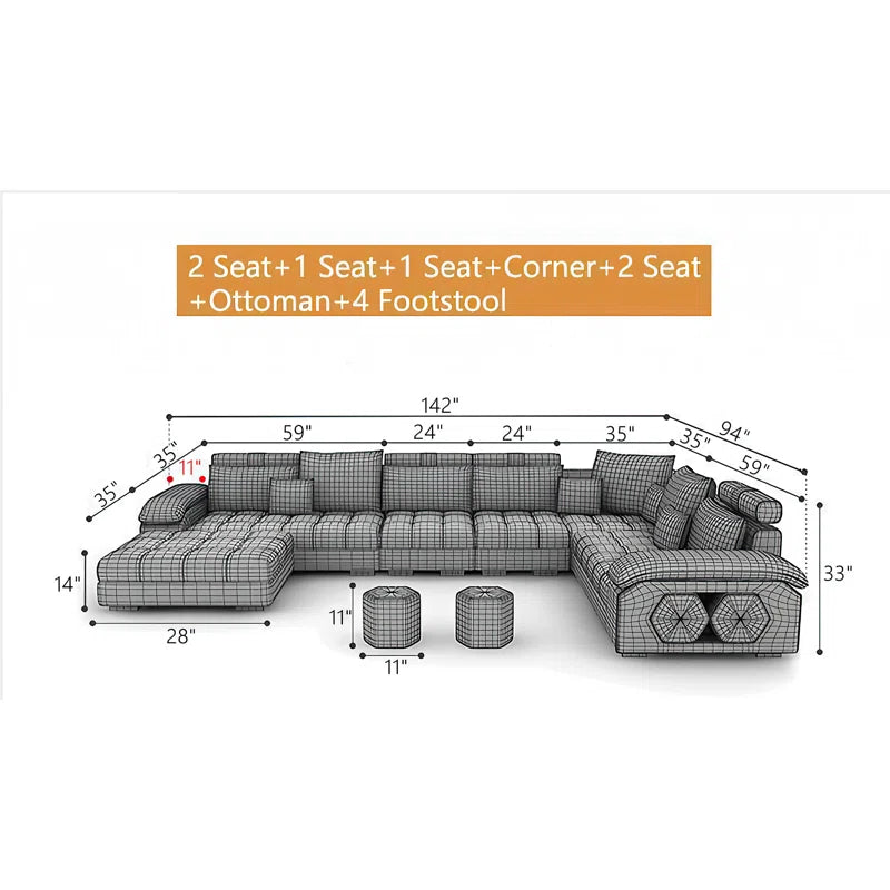 9 Seater Sofa: Modular U-Shaped Slipcovered Sectional Sofa with Square Shaped Ottoman(Gray Black Microfiber / Microsuede)