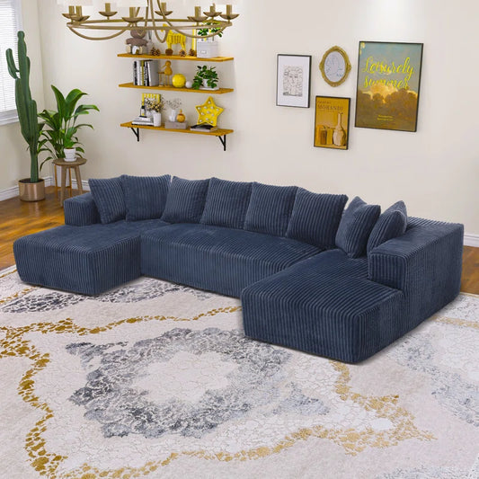 130.31"W Corduroy U-shaped Vacuumed Sectional Low Back Modular(Navy Corduroy)
