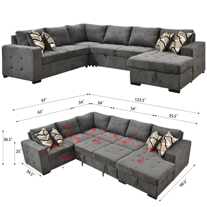 U Shape Sectional Sofa: 123" Oversized Sectional Sleeper Sofa With Storage Living Room(Dark Gray)