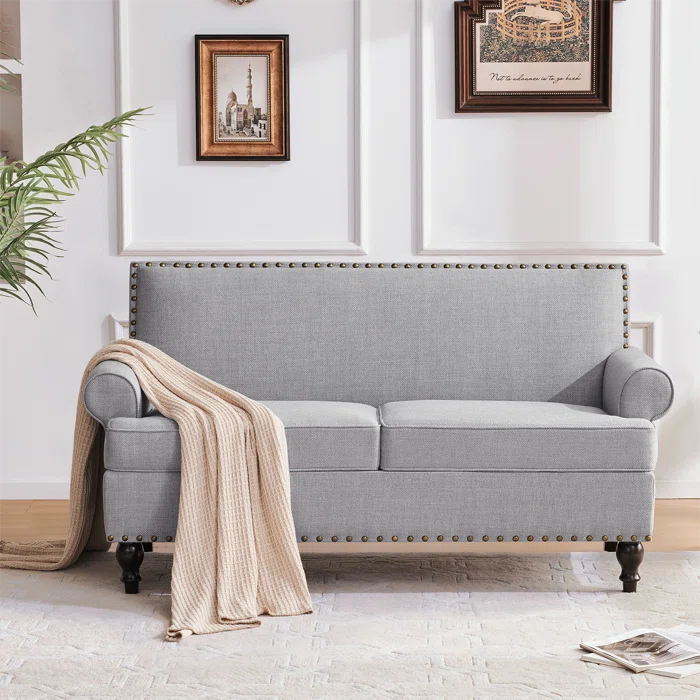 2 Seater Sofa: 62“W Polyester Upholstered Round Arm Loveseat With Nailhead Trim(Polyester Blend Light Gray)