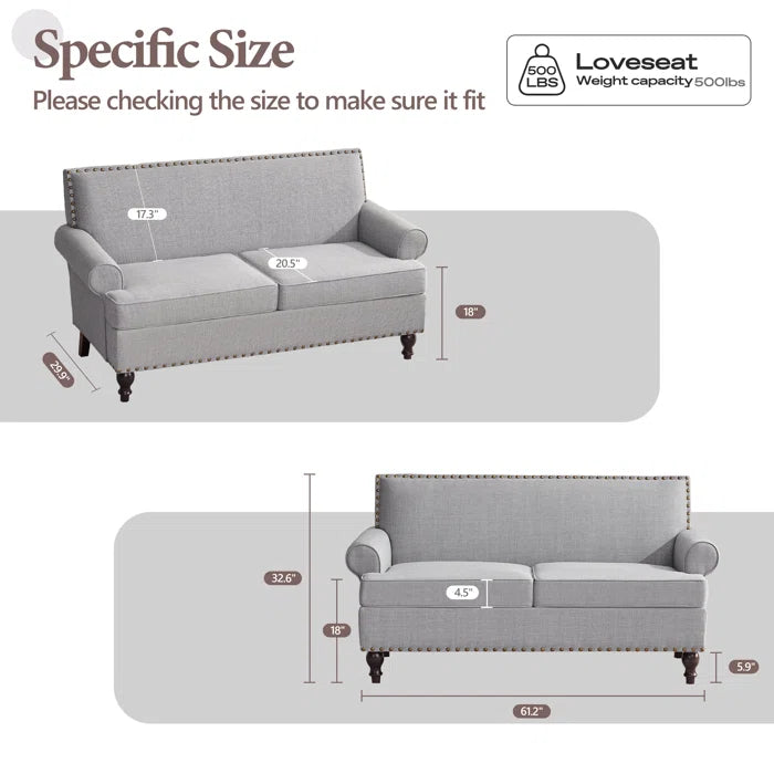 2 Seater Sofa: 62“W Polyester Upholstered Round Arm Loveseat With Nailhead Trim(Polyester Blend Light Gray)