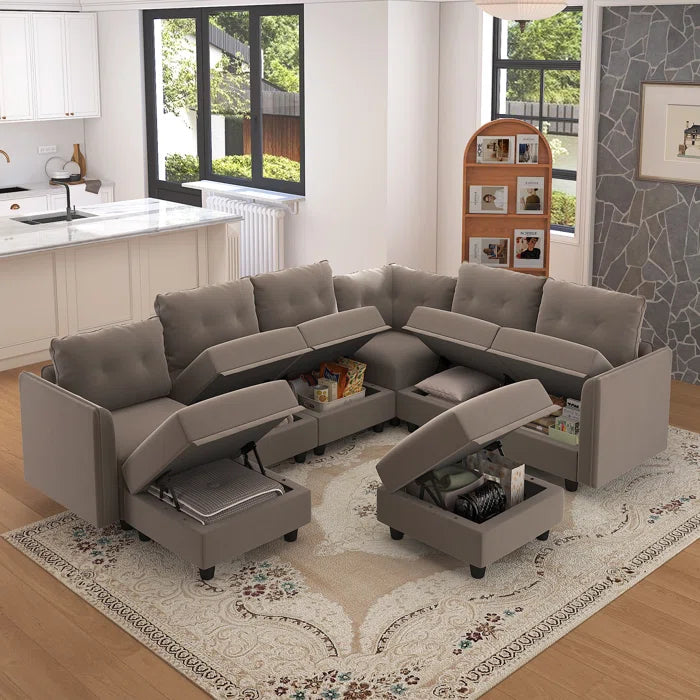 U-Shape Sectional Sofa: Retro-Modern Style 8 - Piece Upholstery Sectional(Camel Faux Leather)