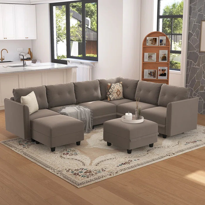 U-Shape Sectional Sofa: Retro-Modern Style 8 - Piece Upholstery Sectional(Camel Faux Leather)
