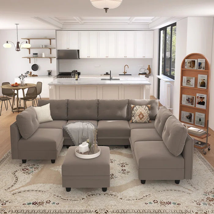 U-Shape Sectional Sofa: Retro-Modern Style 8 - Piece Upholstery Sectional(Camel Faux Leather)