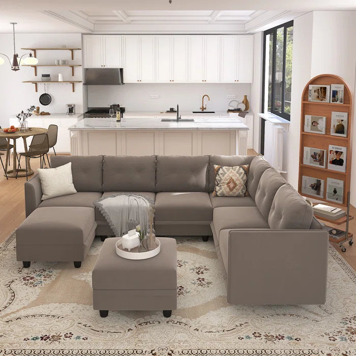 U-Shape Sectional Sofa: Retro-Modern Style 8 - Piece Upholstery Sectional(Camel Faux Leather)