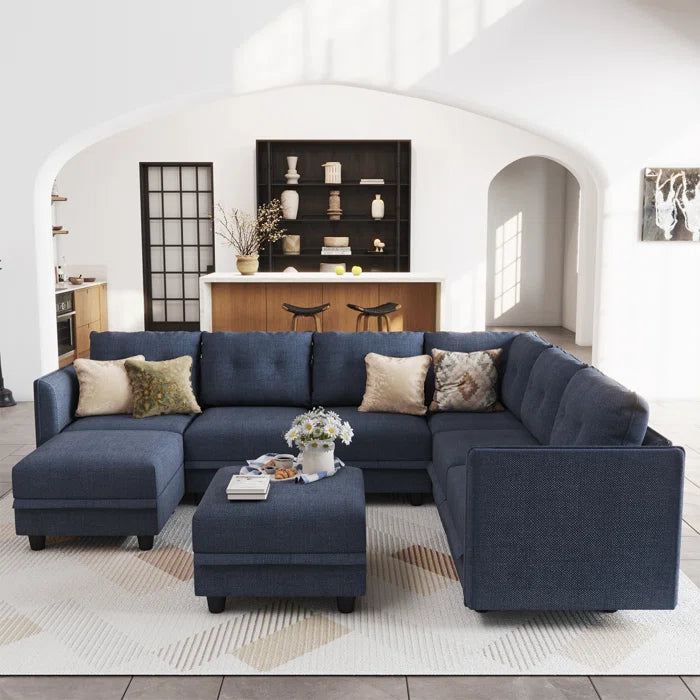 Modern Sofa Set: Retro-Modern Style 8 - Piece U-Shape Upholstered Sectional(Navy Blue Polyester Blend)