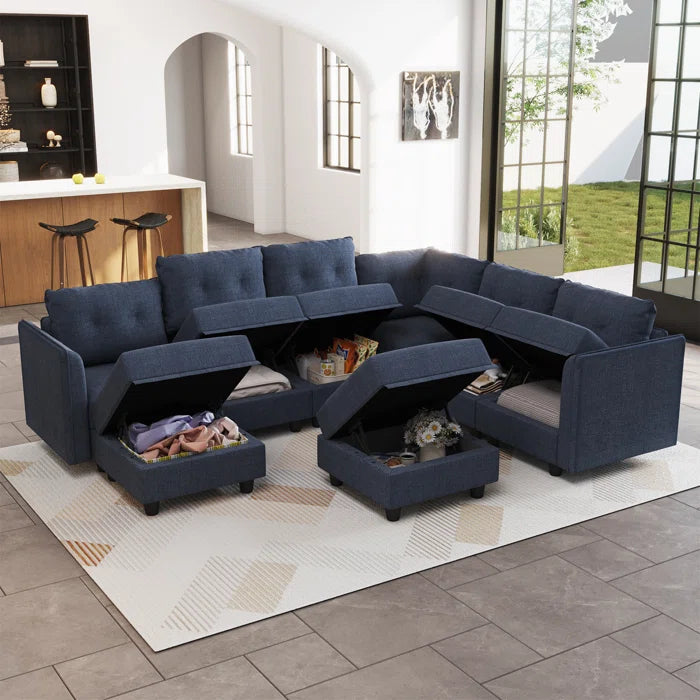 Modern Sofa Set: Retro-Modern Style 8 - Piece U-Shape Upholstered Sectional(Navy Blue Polyester Blend)