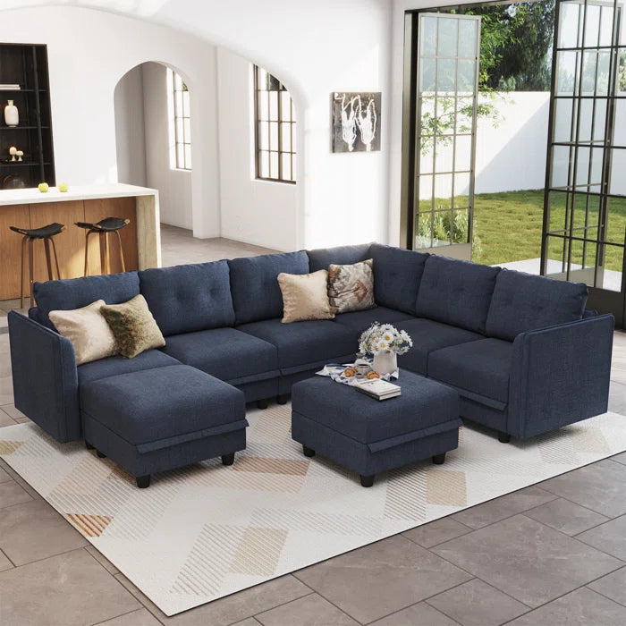 Modern Sofa Set: Retro-Modern Style 8 - Piece U-Shape Upholstered Sectional(Navy Blue Polyester Blend)