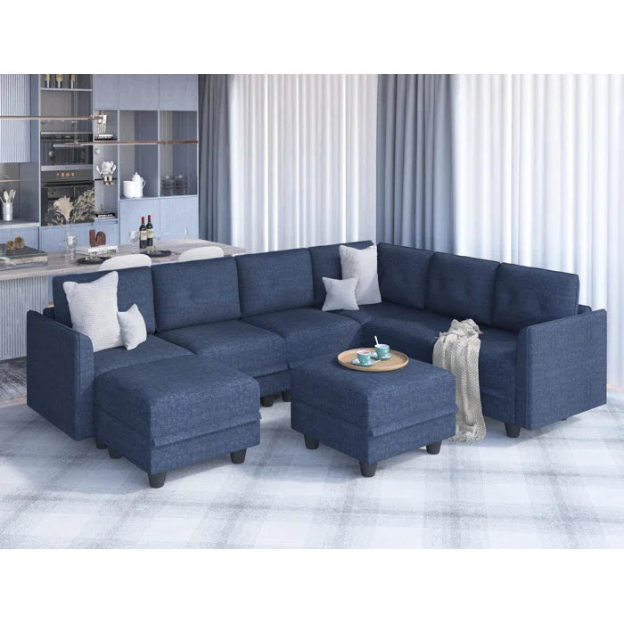 Modern Sofa Set: Retro-Modern Style 8 - Piece U-Shape Upholstered Sectional(Navy Blue Polyester Blend)