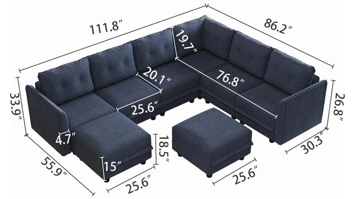 Modern Sofa Set: Retro-Modern Style 8 - Piece U-Shape Upholstered Sectional(Navy Blue Polyester Blend)