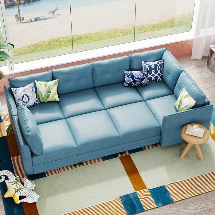 U-Shape Sectional Sofa: Retro-Modern Style 8 - Piece Upholstered Sectional(Sky Blue Faux Leather)