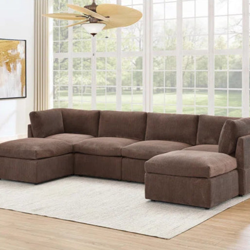 U-Shape Sectional Sofa: 129" Wide Reversible Modular Corner Sectional with Ottoman(Dark Brown Corduroy)