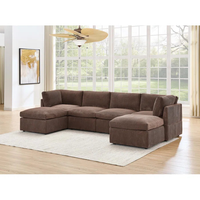 U-Shape Sectional Sofa: 129" Wide Reversible Modular Corner Sectional with Ottoman(Dark Brown Corduroy)