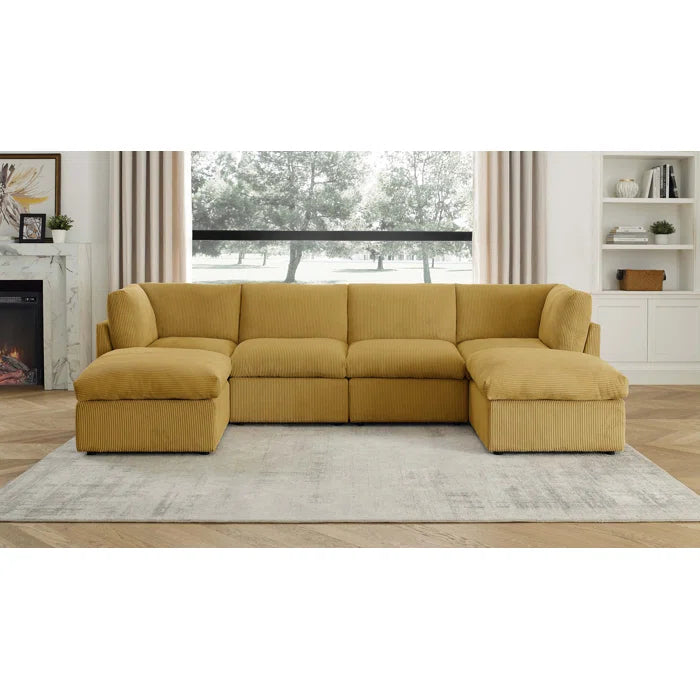 U-Shape Sofa: 129" Wide Reversible Modular Corner Sectional with Ottoman(Ginger Corduroy)