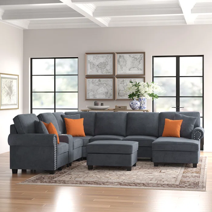 6 Seater Sofa: 136.35" Wide Reversible Modular Corner Sectional with Ottoman(Gray Polyester Blend)