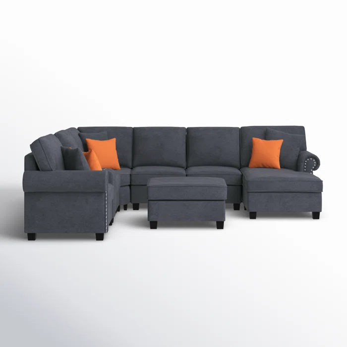 6 Seater Sofa: 136.35" Wide Reversible Modular Corner Sectional with Ottoman(Gray Polyester Blend)