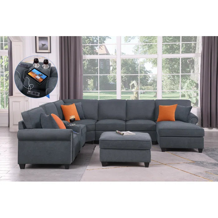 6 Seater Sofa: 136.35" Wide Reversible Modular Corner Sectional with Ottoman(Gray Polyester Blend)