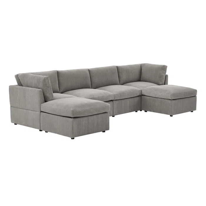 U-Shape Sectional Sofa: 129" Wide Reversible Modular Corner Sectional with Ottoman(Light Gray Corduroy)