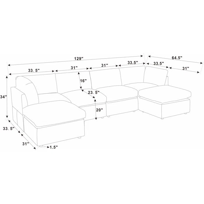 U-Shape Sectional Sofa: 129" Wide Reversible Modular Corner Sectional with Ottoman(Light Gray Corduroy)