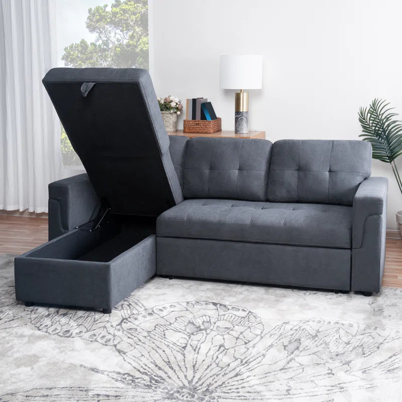 L-Shape Sectional Sofa: Reversible Sleeper Sofa with Hidden Storage & Pull-Out(Dark Gray Velvet)
