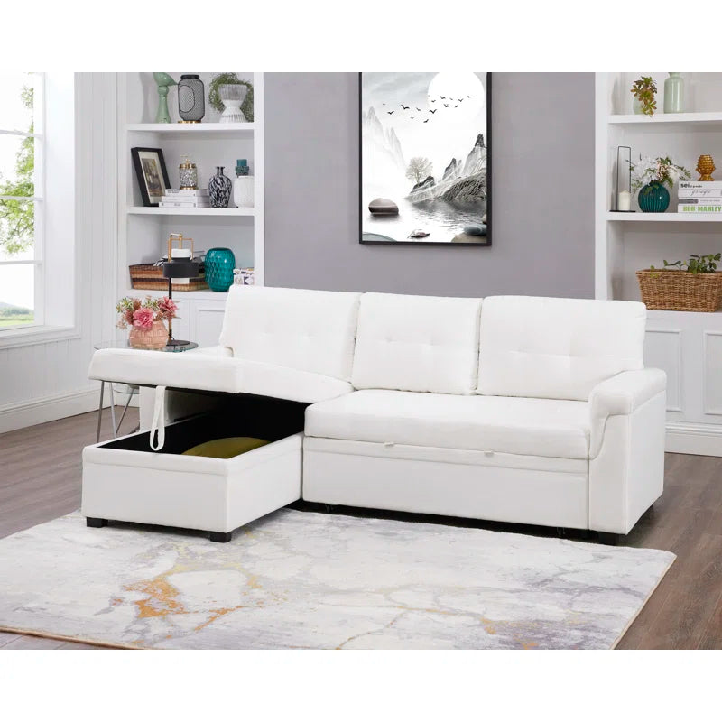 L-Shape Sectional Sofa: Reversible Sleeper Sofa with Hidden Storage & Pull-Out(White Velvet)